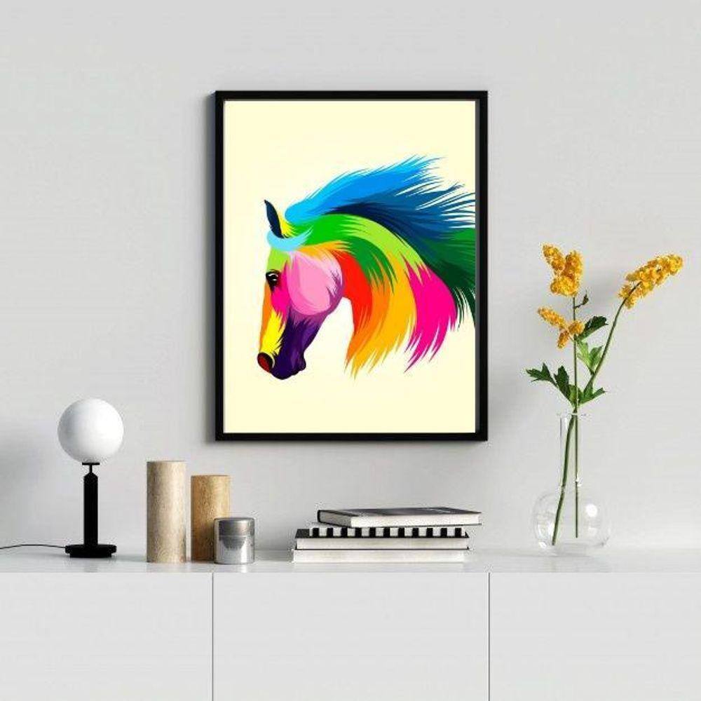 Quadro decorativo arte cavalo colorido 45x34cm - com vidro