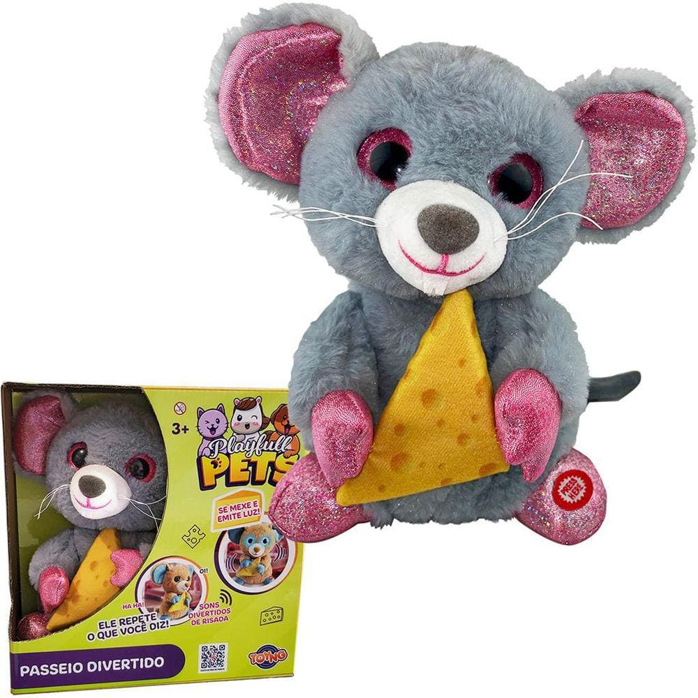 Ratinho De Pelúcia Interativo Cinza Playfull Som E Luz Toyng