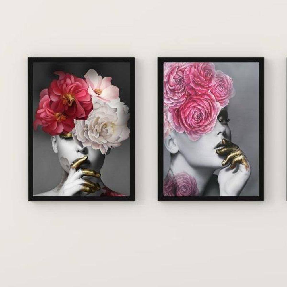 Kit 2 Quadros Mulher E Flores Rosas Com Dourado 45X34Cm
