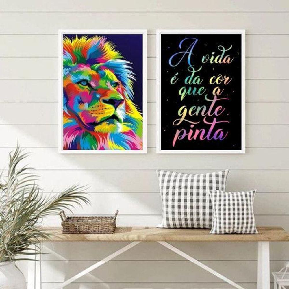 Kit 2 Quadros Leão A Vida É Da Cor Que A Gente Pinta 33X24Cm - Com Vidro
