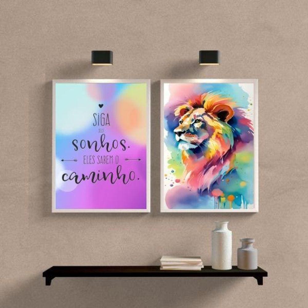 Kit 2 Quadros Leão Aquarela Siga Seus Sonhos 33X24Cm