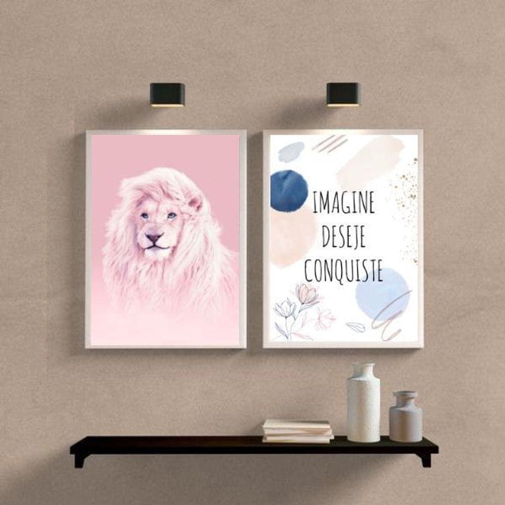 Quadros Leão Rosa Imagine Conquiste 24x18cm Moldura Branca