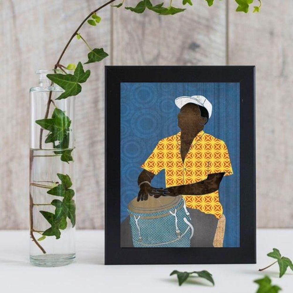 Quadro Músico Sambista 24x18cm - Vidro + Moldura Preta