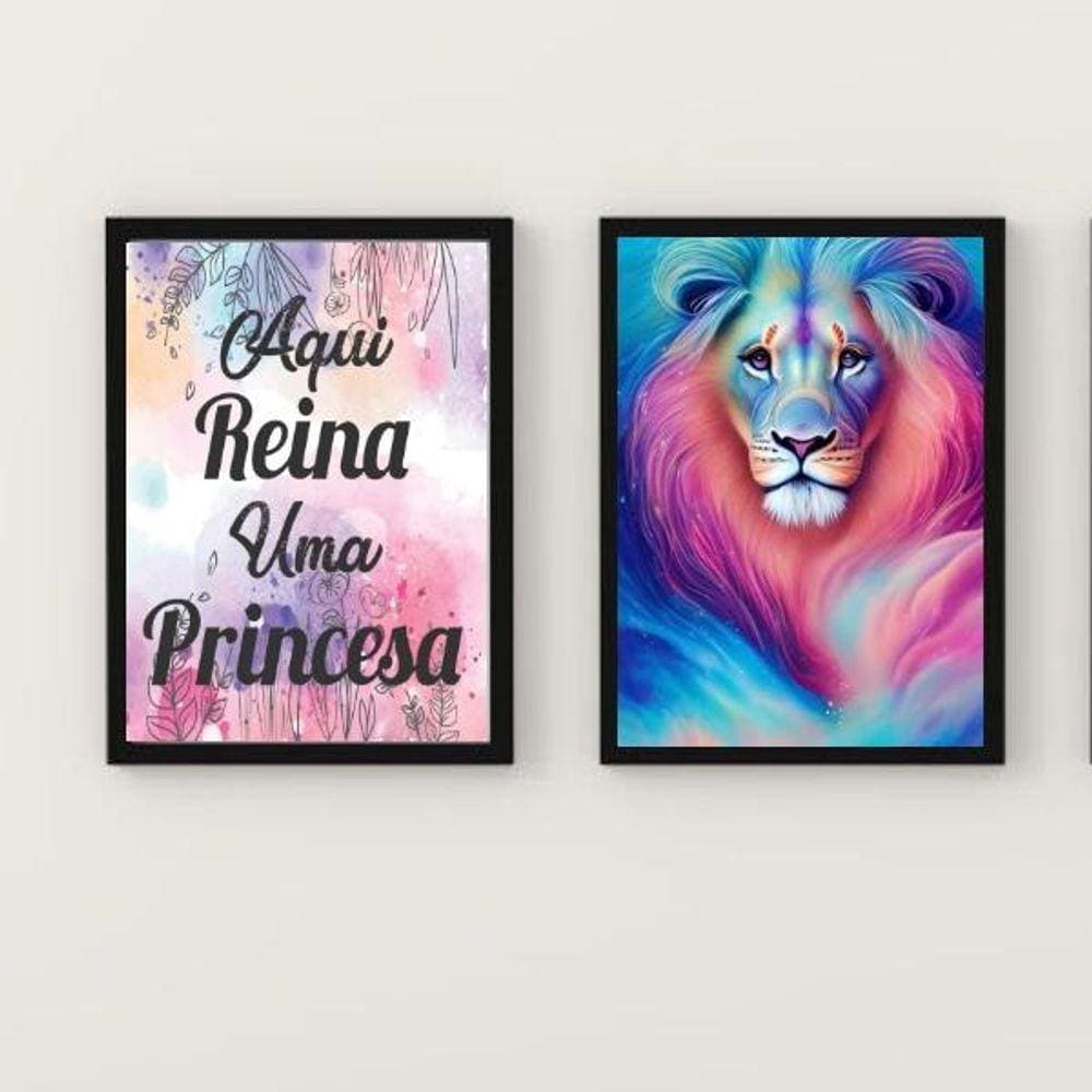 Kit 2 Quadros Leão Galáxia Princesa 24x18cm - Madeira Preta