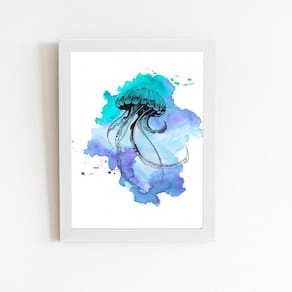 Água Viva Azul E Roxo Aquarela Quadro Moldura Branca 60X40Cm
