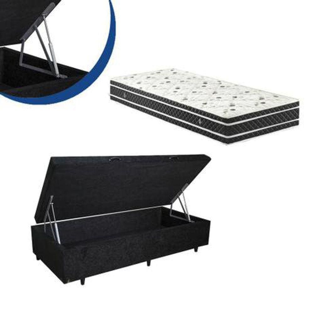 Cama Box Baú Solteiro Colchão Espuma D33 Bordado + Box Suede Preto 53x88x188