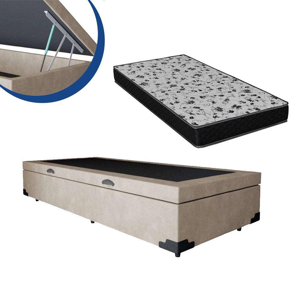 Cama Box Baú Solteiro Colchão Espuma D33 Bordado + Box Bege 88x53x188 Suede