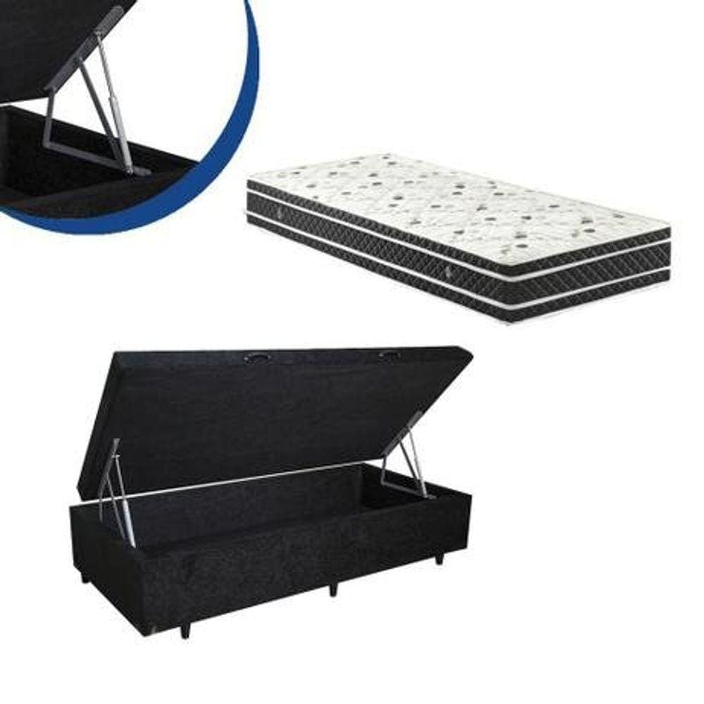 Cama Box Baú Solteiro Colchão Espuma D33 Bordado + Box Suede Preto 59x78x188