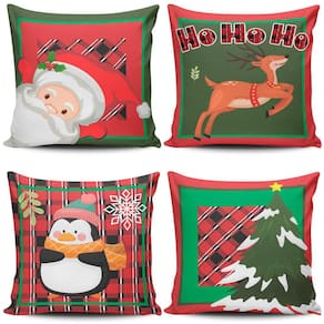 Kit c/ 4 Capas de Almofadas Estampadas Natalinas Papai Noel Natal Fim de Ano 45cm x 45cm
