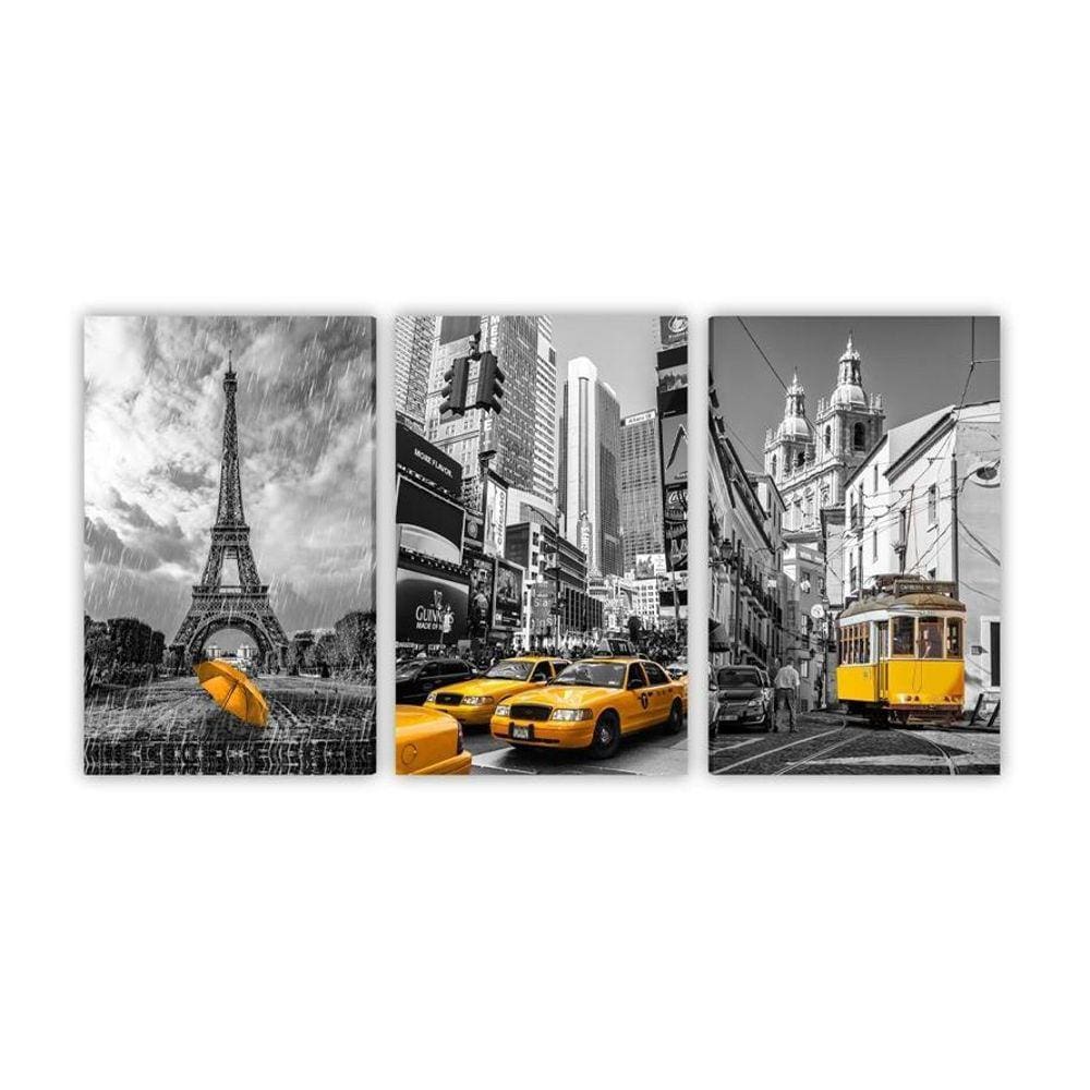 Kit 3 Quadros Telas Decorativas Paris Nova York Táxi 60X40Cm