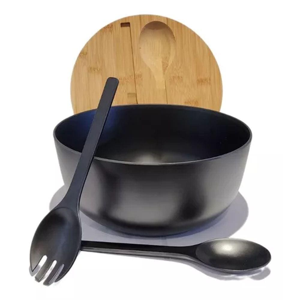 Kit Saladeira 4 Peças - Bowl, 2 Talheres, Tábua - Importado