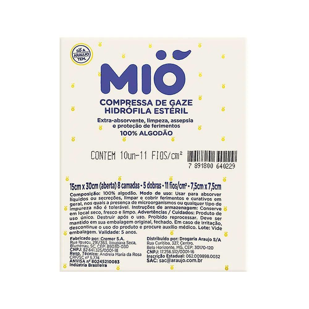Kit 12 Compressa de Gaze Mió Hidrófila Estéril 7,5cm x 7,5cm com 10 Unidades