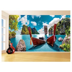 Papel De Parede 3D Praia Mar Canoas Barcos Céu 3,5M Npr287