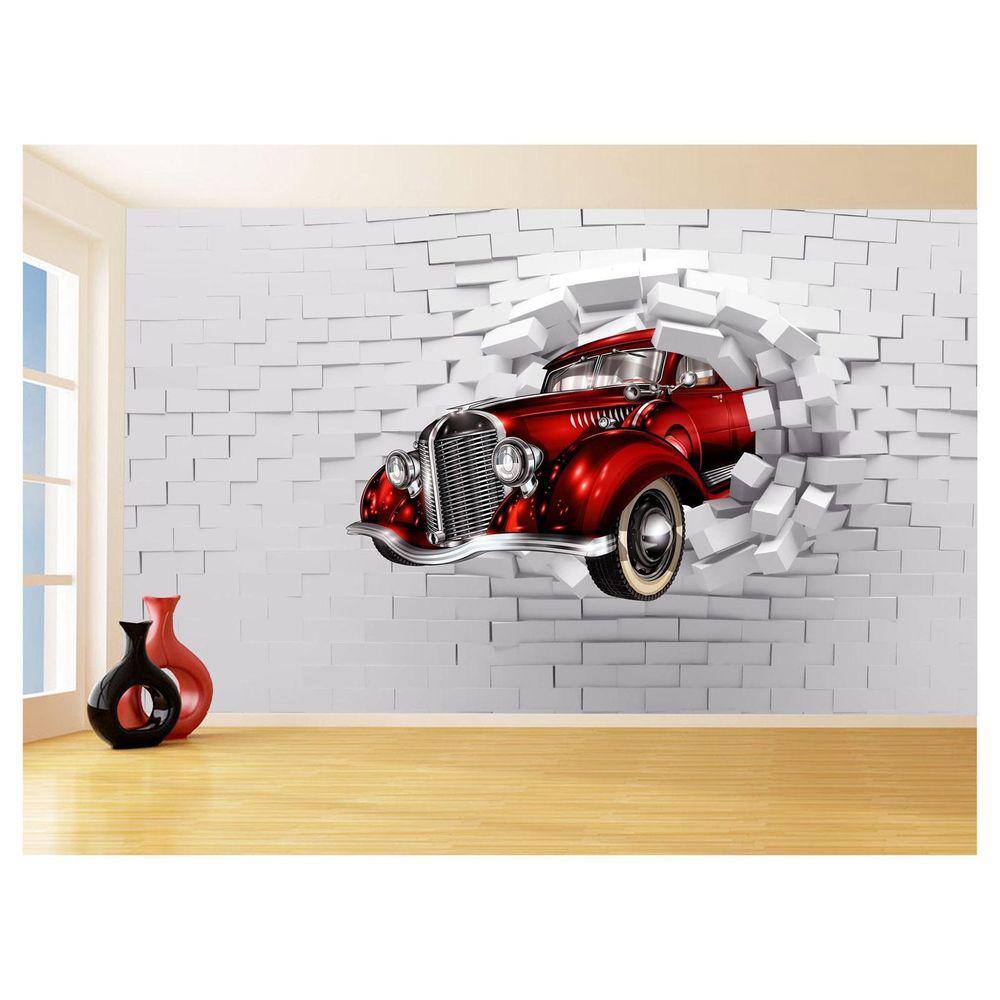 Papel De Parede Carro Antigo Saindo Da Parede 3D 3,5M Cxr40