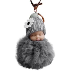 Pompom fofo de pele fofa dormindo boneca chaveiros chaveiros sacos pingente de charme