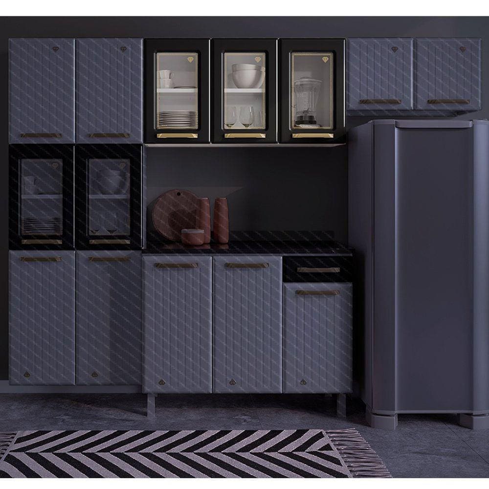 Armário de Cozinha Aéreo 3 Portas Vidro Diamante Telasul Branco/Preto