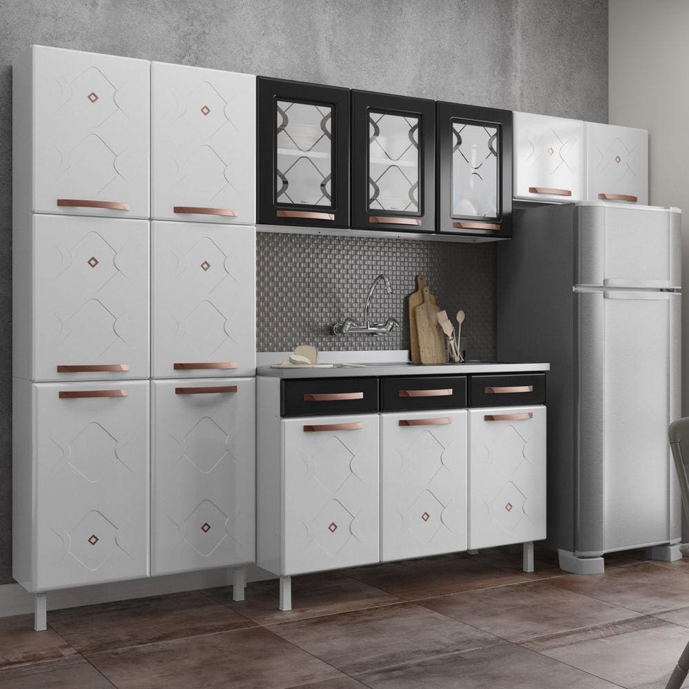 Cozinha Aço Completa 14 Portas 3 Gavetas Mirage New Telasul Branco/Preto