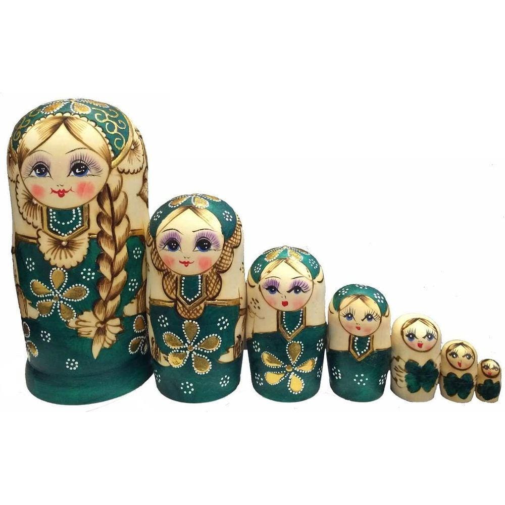 7pcs bonito suéter verde trança menina russa aninhamento bonecas tapete