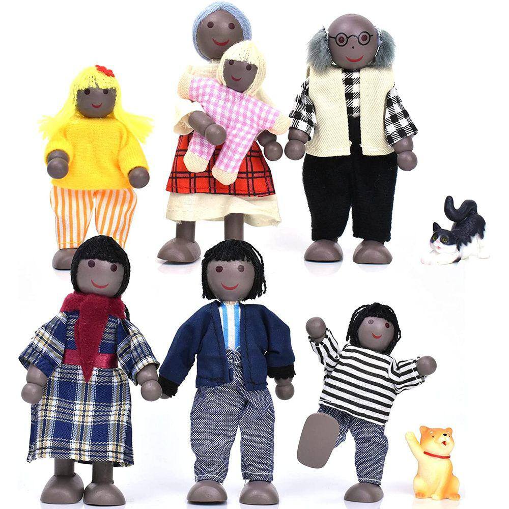Casa de bonecas de madeira pessoas de 7 pcs figuras de família com 2 animais de estimação