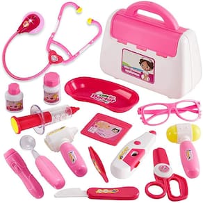 Pink Kid`s Doctor Case Toy Doctor Ferramentas com Estetoscópio, Imitação Jogo Presente para Meninas e Meninos 3 4 5 Anos de Idade