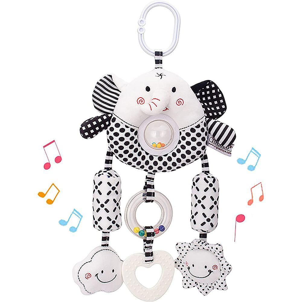 Elefante preto e branco pendurando brinquedos de chocalho com Squeaker Crinkle e Teether, Chocalhos Macios, Clipe de Atividade no Pram Toy, Brinquedo