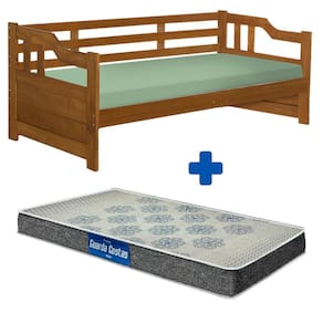 Sofá Cama Madeira Maciça Solteiro Castanho Shop JM Com Colchão Probel Guarda Costas