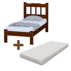 Cama De Solteiro Castanho Madeira Maciça Com Colchão Perola Nemargi