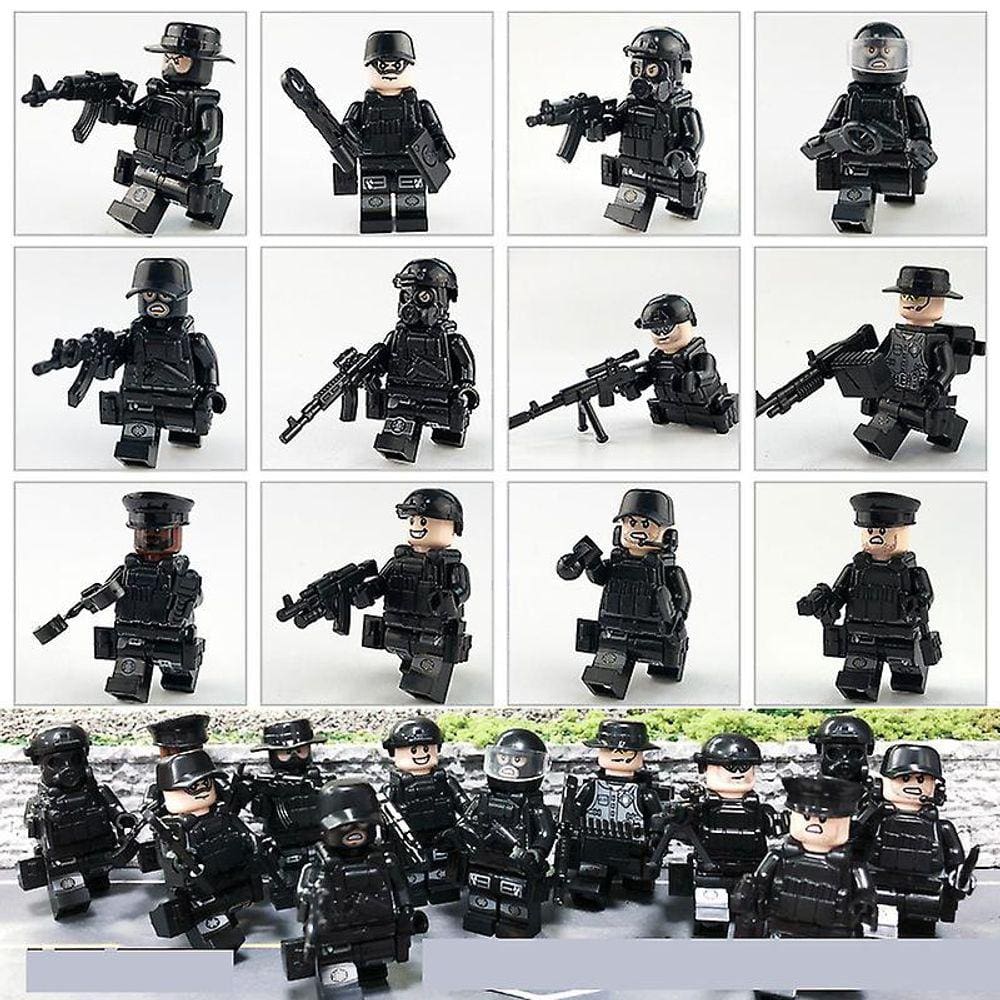 Conjunto de 12 peças Policiais Swat Pretas para Construção - Acessórios Militares de Minifigures