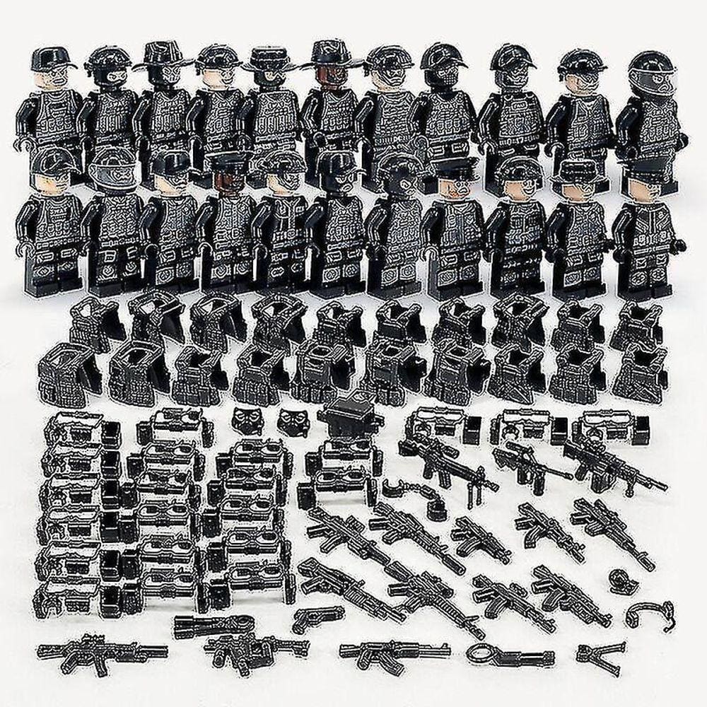 Blocos de construção militar série black polícia especial e veículo off-road definir pequenas partículas