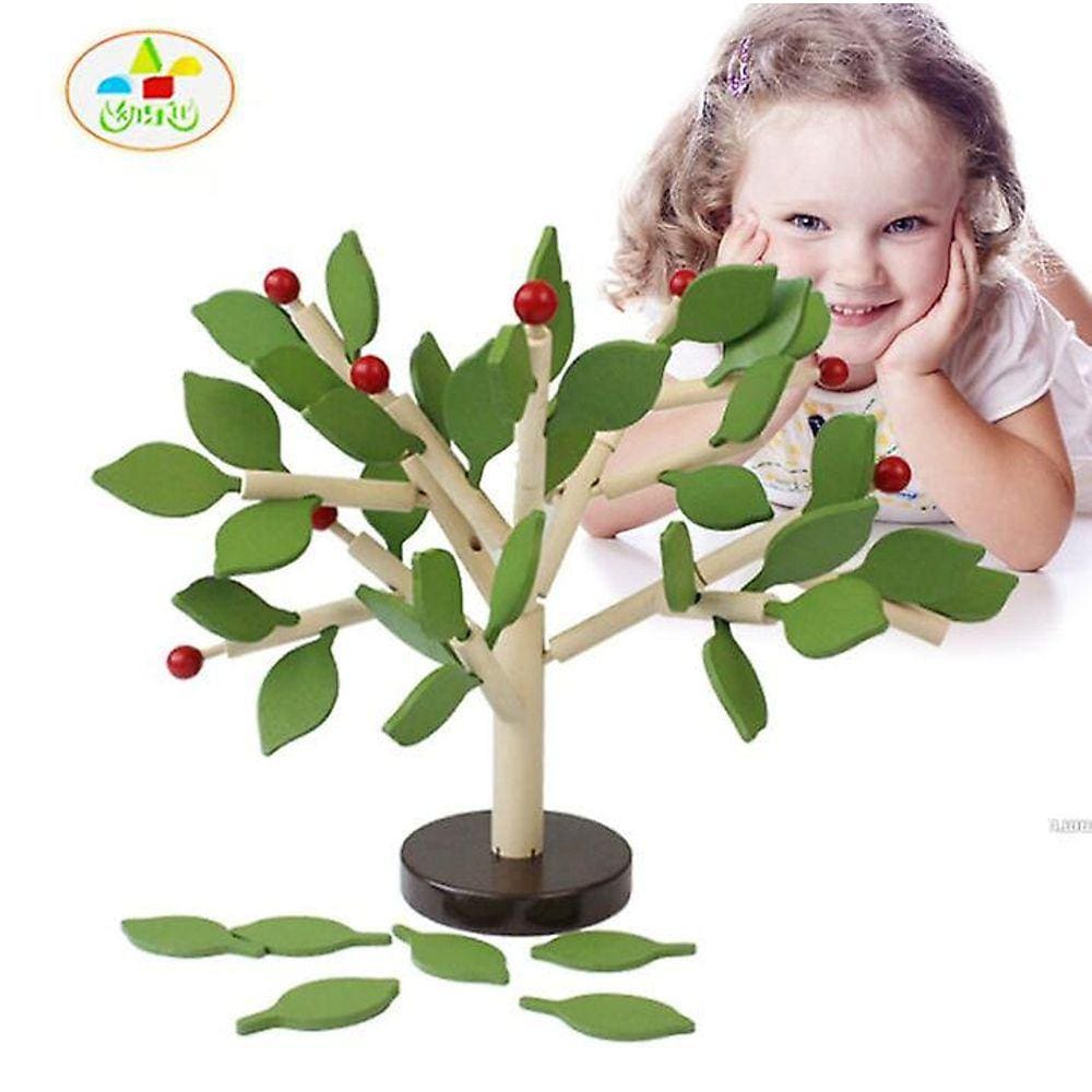 (Verde) Árvore montada verde de madeira deixa prédio montessori brinquedos de madeira cortando bloco de brinquedos educacionais precoces crianças apre