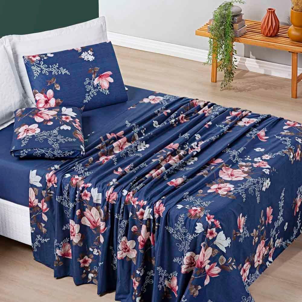 Jogo Cama Lençol Celi King Micropercal 200 Fios 4 Peças - Azul Marinho Floral