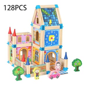 Azul 128/268pcs Diy madeira castelo crianças brinquedo montagem