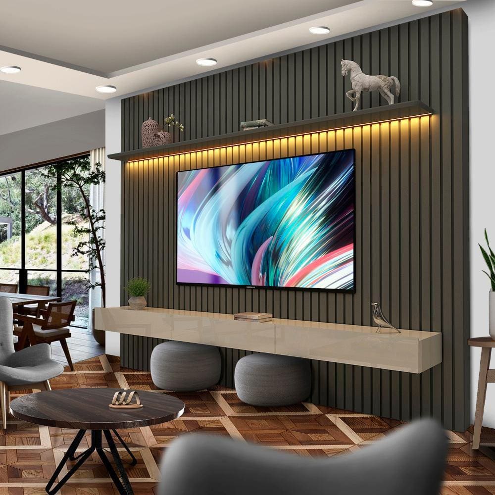 Painel 85 Polegadas Com Led E Nicho 3 Gavetas Grafite Off White Anivia Shop Jm