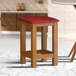 Banqueta Madeira Baixa Marrom Assento Estofado Corino Vermelho Nemargi