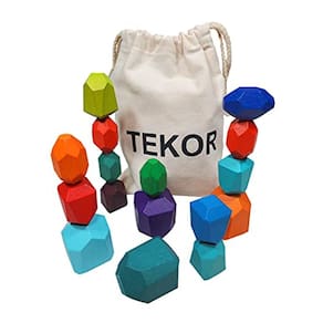 TEKOR 16 Pcs Rochas de empilhamento de madeira - Rainbow Balancing Sto
