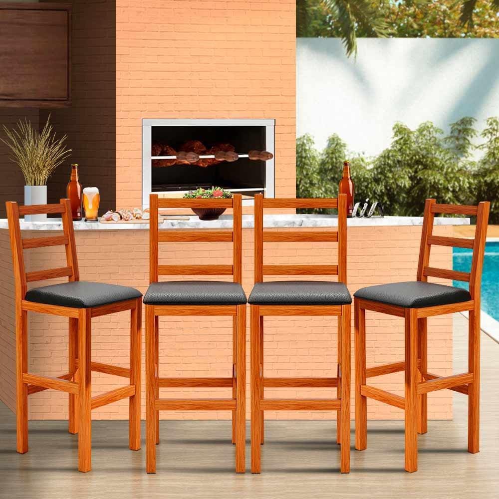 Kit 4 Banquetas Para Área De Lazer Madeira Maciça Assento Estofado Preto Gal Shop JM