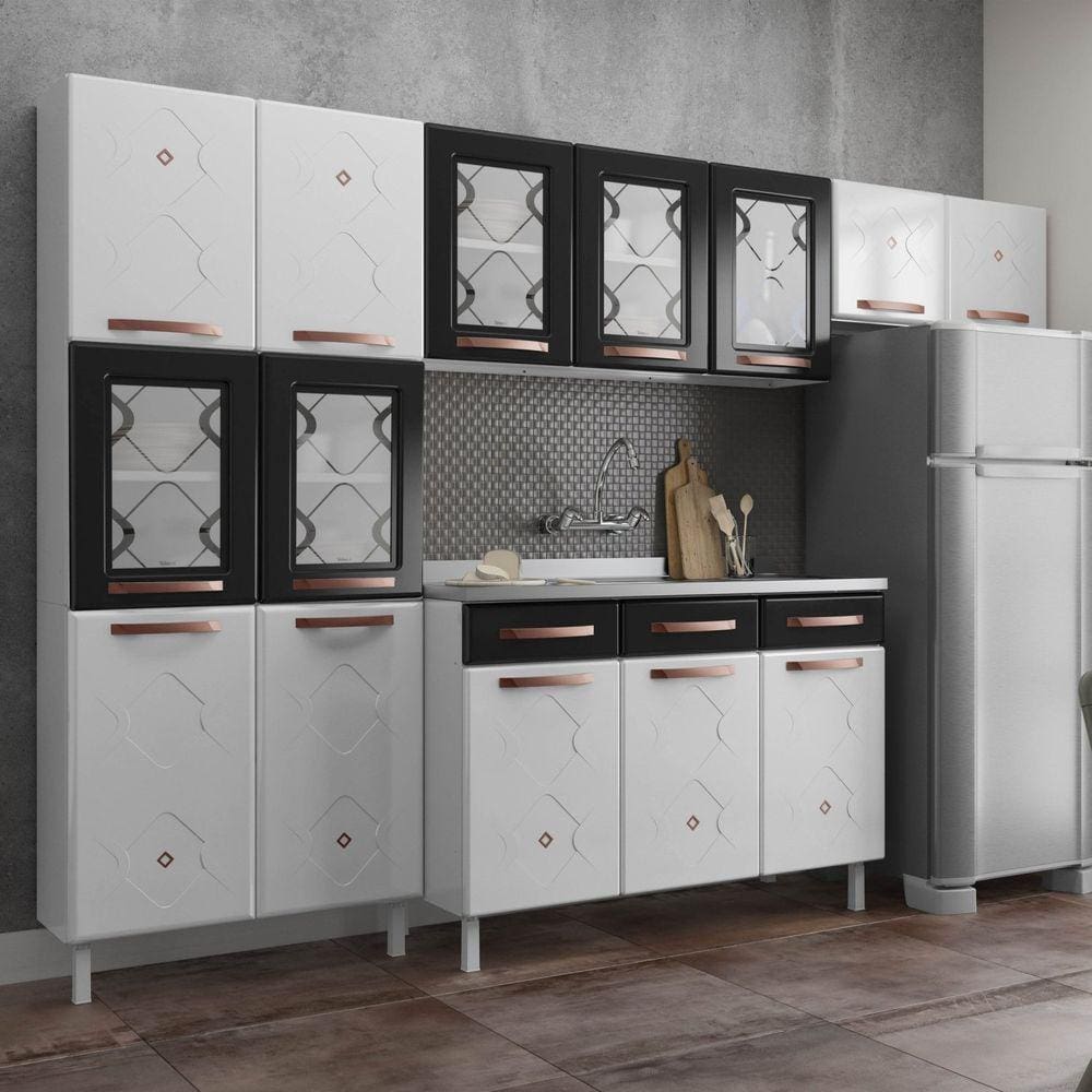 Cozinha Completa com Balcão para Pia 14 Portas 3 Gavetas Mirage New Telasul Branco/Preto