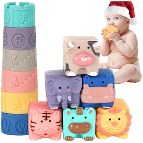 Baby Blocks 12 PCS Soft Baby Building Block,Montessori Bath Toys, Sensory Teethers Toy Squeeze Play with Numbers,Shapes with Textures for Boys and Gir