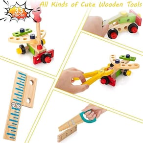 Kit de ferramentas para crianças, caixa de ferramentas de madeira com conjunto de brinquedos de construção colorido