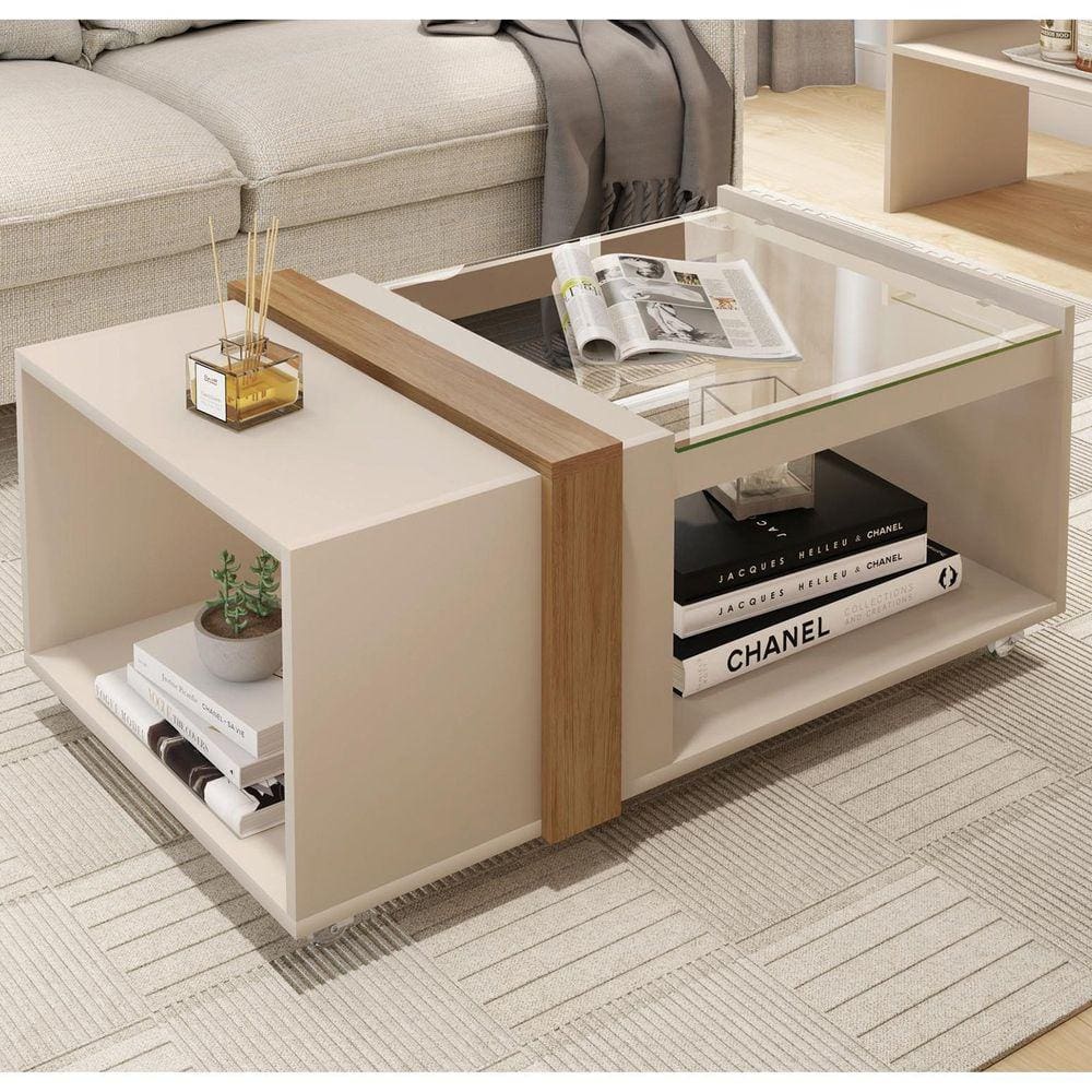 Mesa de Centro Retangular com Vidro França Off White/Lâmina Mel