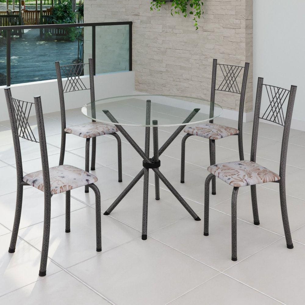 Conjunto de Jantar Mesa Tampo Redondo de Vidro Incolor com 4 Cadeiras Sara Yescasa Botanic Bege/Mart Prata