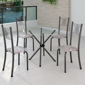Conjunto de Jantar Mesa Tampo Redondo de Vidro Incolor com 4 Cadeiras Sara Yescasa Botanic Bege/Mart Prata
