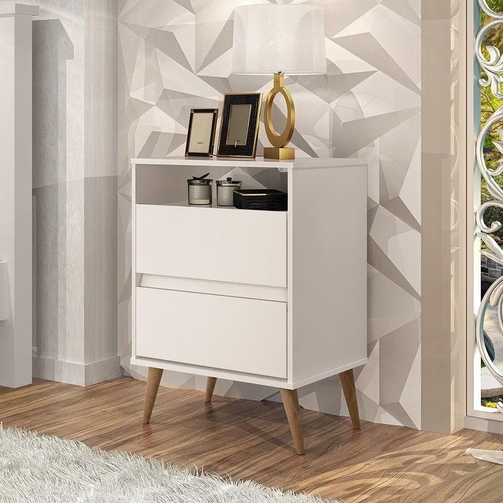 Mesa Cabeceira Off White 2 Gavetas Com 1 Prateleira Pes Palito