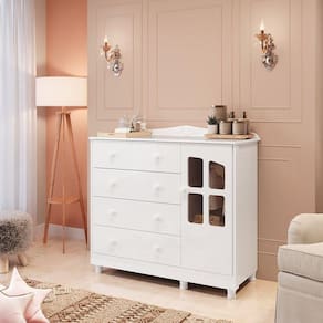 Cômoda de Bebê 1 Porta com Janela 4 Gavetas Maya Clássico Espresso Móveis Branco