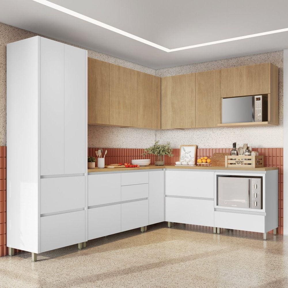 Cozinha 9 Peças Canto 12 Portas 8 Gavetas Ripado Rainha 100% MDF Branco/Marrom