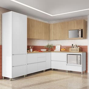 Cozinha 9 Peças Canto 12 Portas 8 Gavetas Ripado Rainha 100% MDF Branco/Marrom