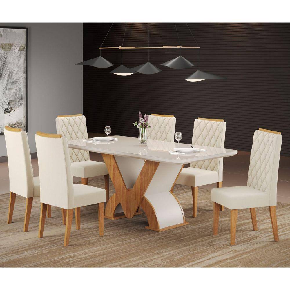 Conjunto Sala de Jantar Mesa Retangular Novita com 6 Cadeiras Iza Mel/Off White/Bege