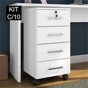 Kit 10 Gaveteiros 4 Gavetas com Rodízios e Chave Gávea Office Branco