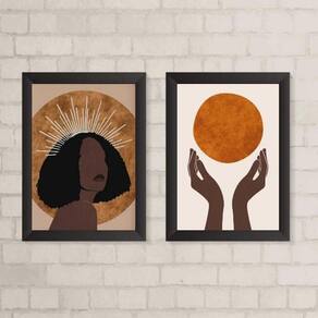 Kit 2 Quadros Boho Mulher Negra 45x34cm - Madeira Branca