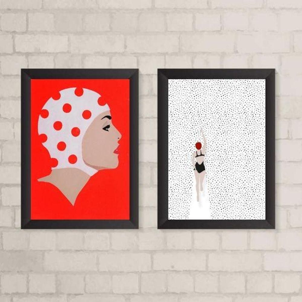 Kit 2 Quadros Natação Nadadora Poá 45x34cm - Vidro Branco